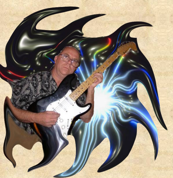 Faron Collins playing a Stratocaster with a psychedelic background